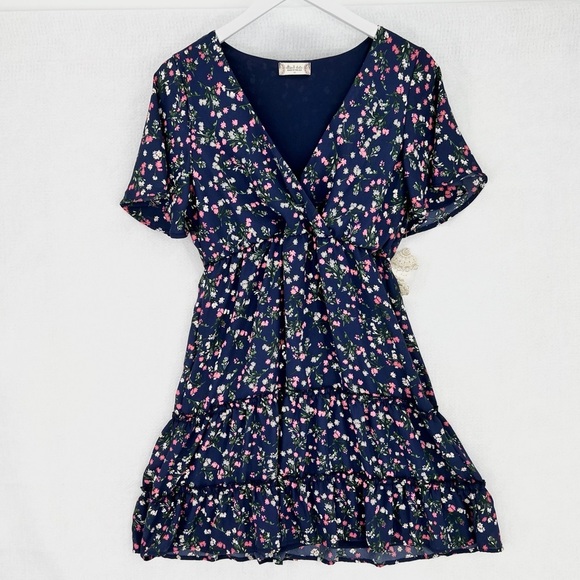 Altar'd State Navy Blue Floral Martha Flutter Sleeve Surplice Mini Dress M - Picture 2 of 10